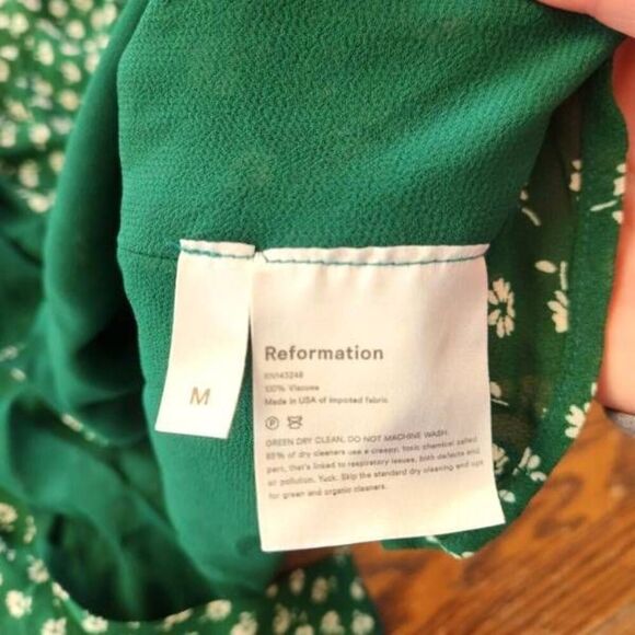REFORMATION Lucky Mini Wrap Dress Chive Green White Floral Tie Waist Sz Medium - Picture 3 of 4